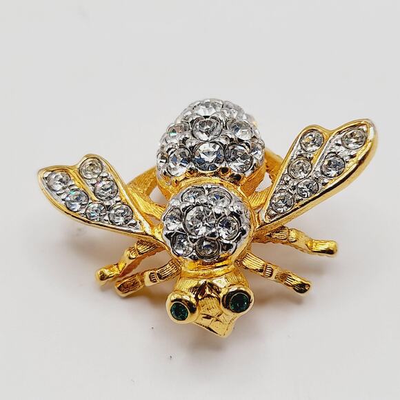 Vintage 1990s Joan Rivers Bee Brooch – Clear Pave Rhinestones, Green Eyes, Pin - Picture 4 of 9